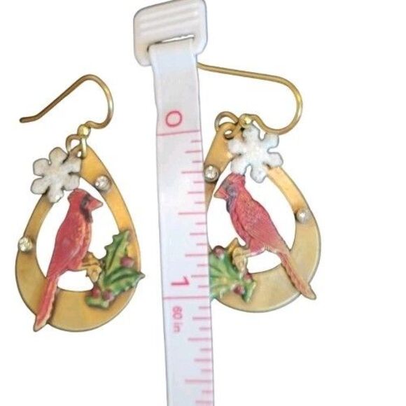 Red Cardinal Bird Christmas Winter Snowflake Holly Rhinestone Dangle Earrings - Picture 6 of 7